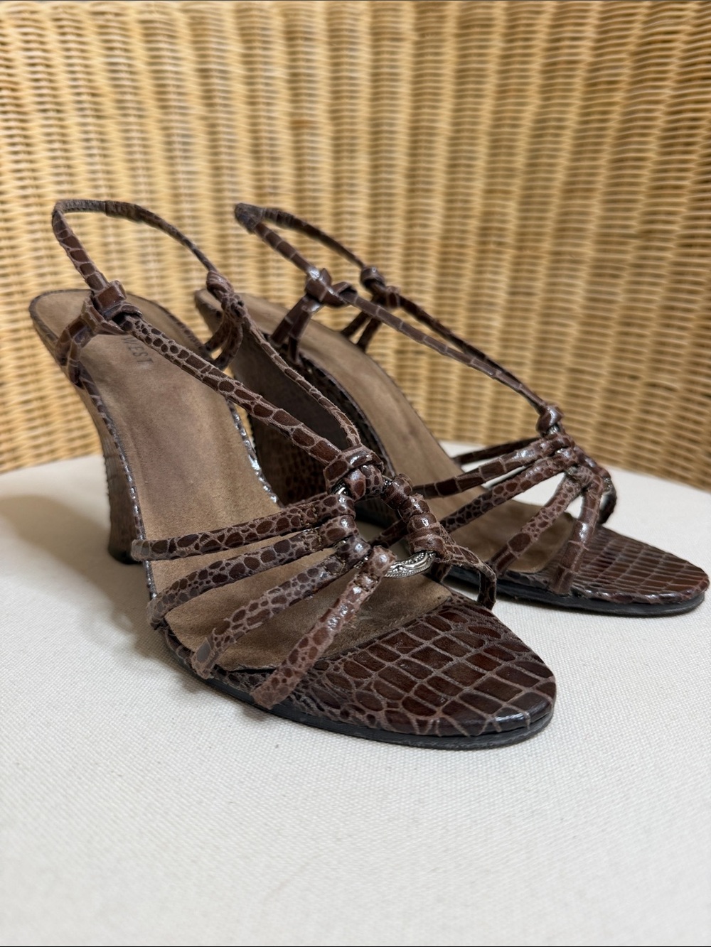 Nine West Croc-Embossed Brown Strappy Wedge Sandals Size 8